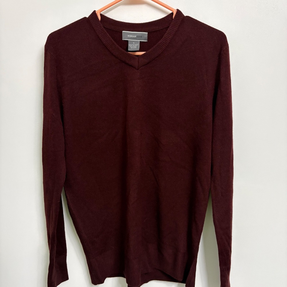 Morgan City Mens Burgundy V-Neck Knit Sweater Long Sleeve Maroon Size Small